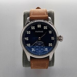 Parnis 44mm Hand Winding Movement Small Second Men's Pilot Watch Leather Strap